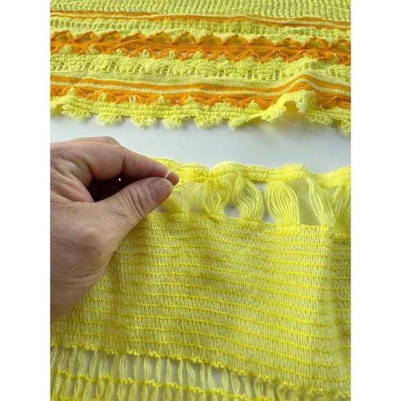 Vintage 70s cafe curtain, yellow orange embroidered, set 2 panels 1 valance - Picture 4 of 7